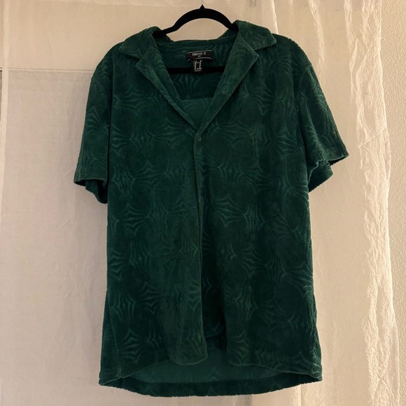 Forever 21 men’s terry cloth imprinted short sleeve button up | green | L | NEW - Picture 3 of 8